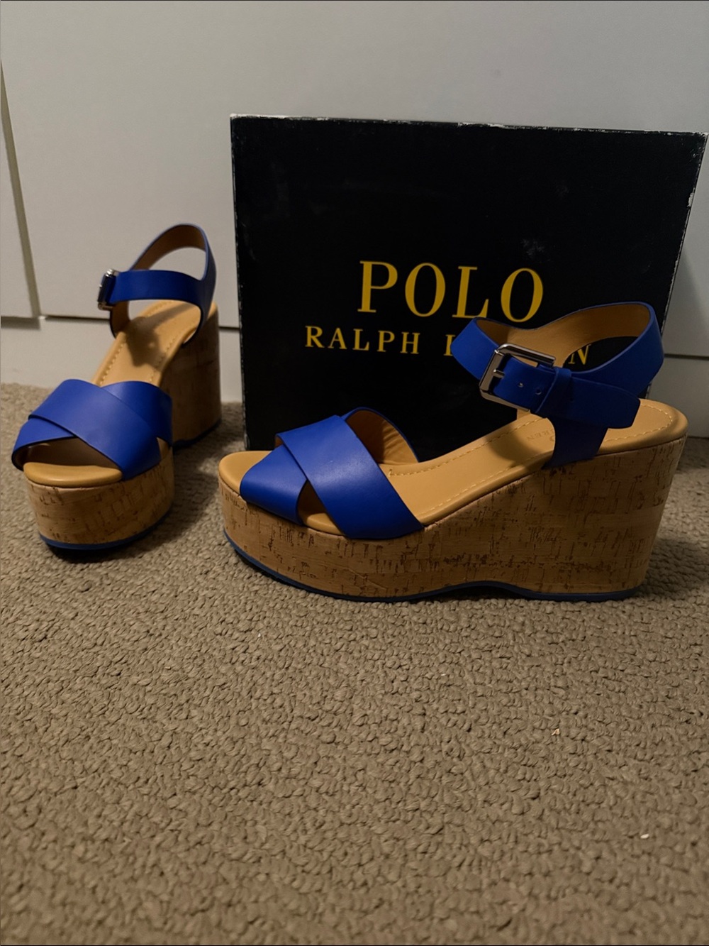 Polo by Ralph Lauren Cobalt Blue Cork Platform Wedge Sandals